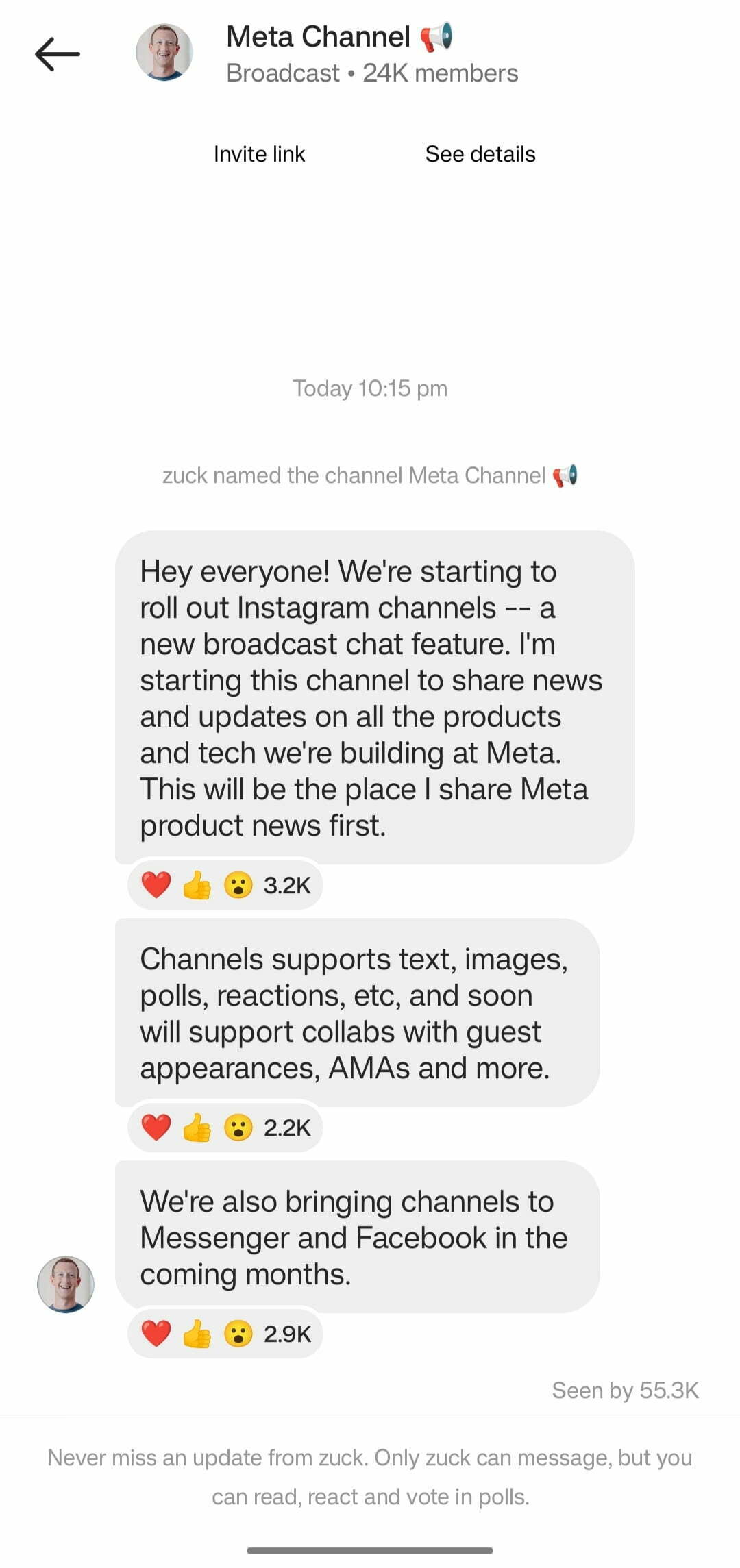 Instagram broadcast chat feature Channels announcement by Meta CEO Mark Zuckerburg
