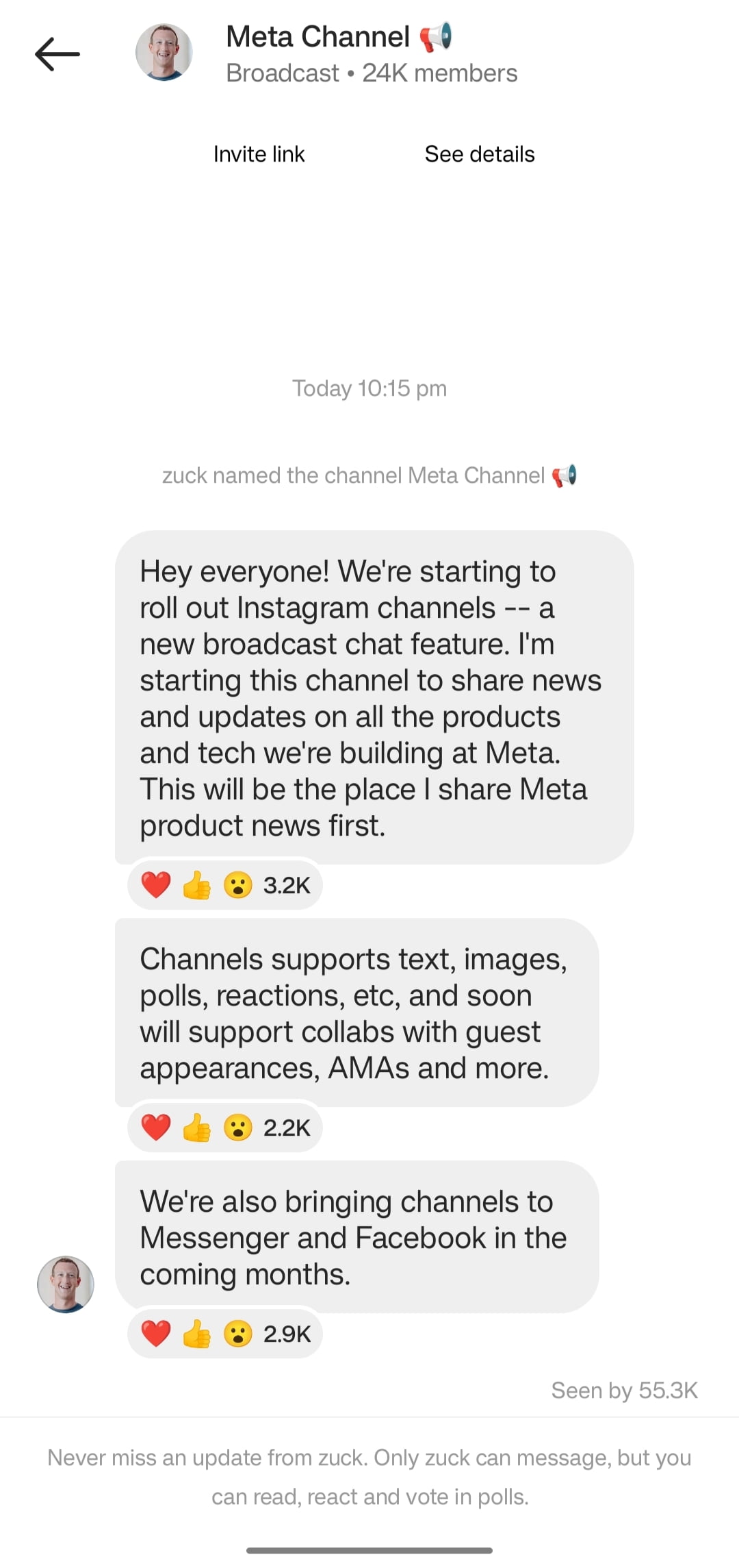 Meta Channel broadcast chat feature announcement by Mark Zuckerburg Instagram broadcast chat feature Channels announcement by Meta CEO Mark Zuckerburg