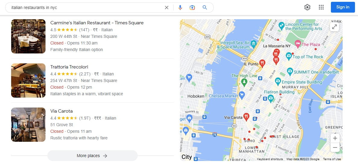 Local search results for Italian restaurants in NYC